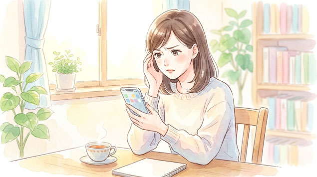 PIC2 | alt: パソコンの画面でゆうちょダイレクトのお知らせメールを確認している女性