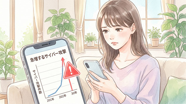 PIC3 | alt: 銀行の詐欺被害を示す赤い警告マークと、心配そうな表情でスマホを見つめる女性のイラスト