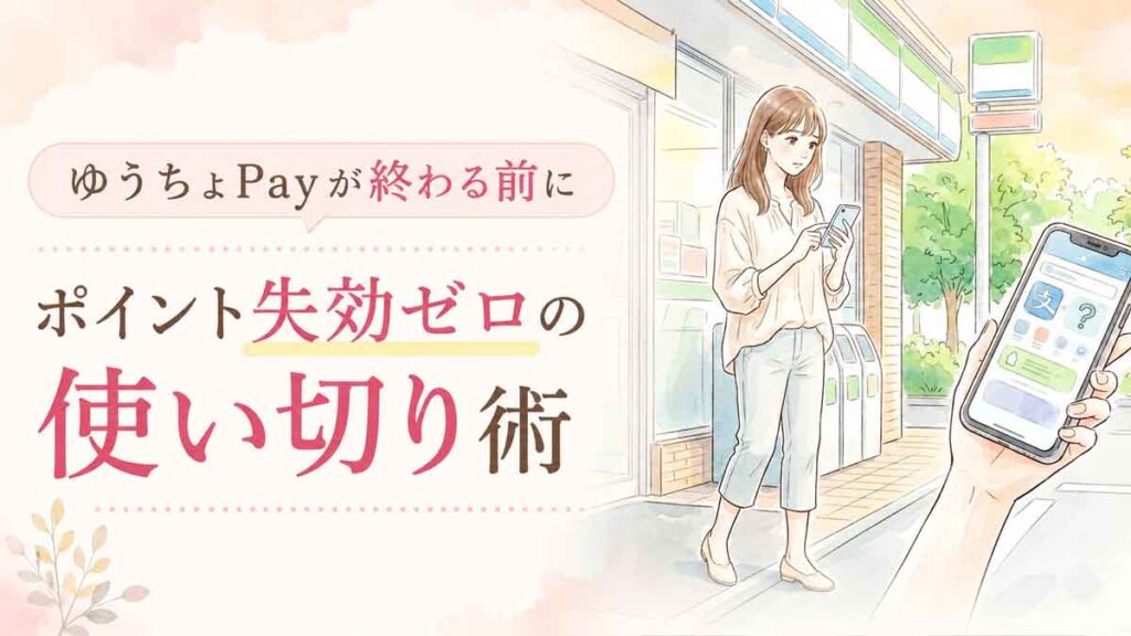 スマートフォンのキャッシュレス決済アプリを見て考え込む女性のイラスト