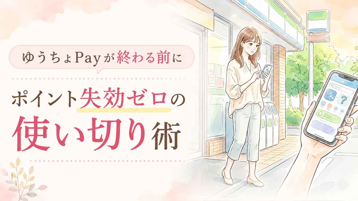スマートフォンのキャッシュレス決済アプリを見て考え込む女性のイラスト