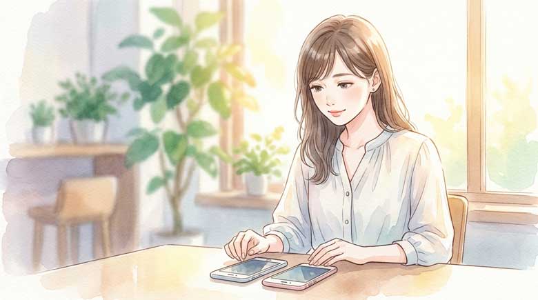 カフェのテーブルでスマートフォンを比較検討している女性のイラスト