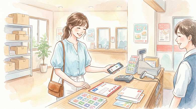 郵便局の窓口でスマートフォン決済をして笑顔の女性のイラスト