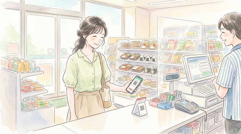 コンビニのレジでスマートフォン決済をする女性のイラスト