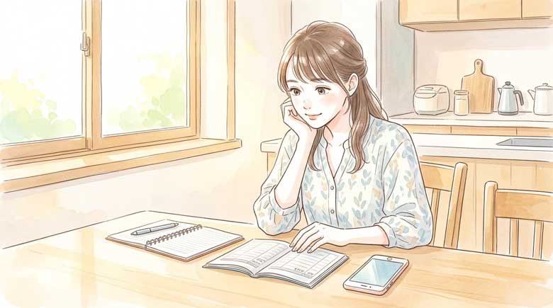 テーブルに広げた家計簿とスマートフォンを見比べながら計算する女性のイラスト