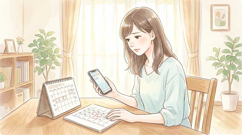 カレンダーに12月と書き込みながら残念そうな表情の女性のイラスト