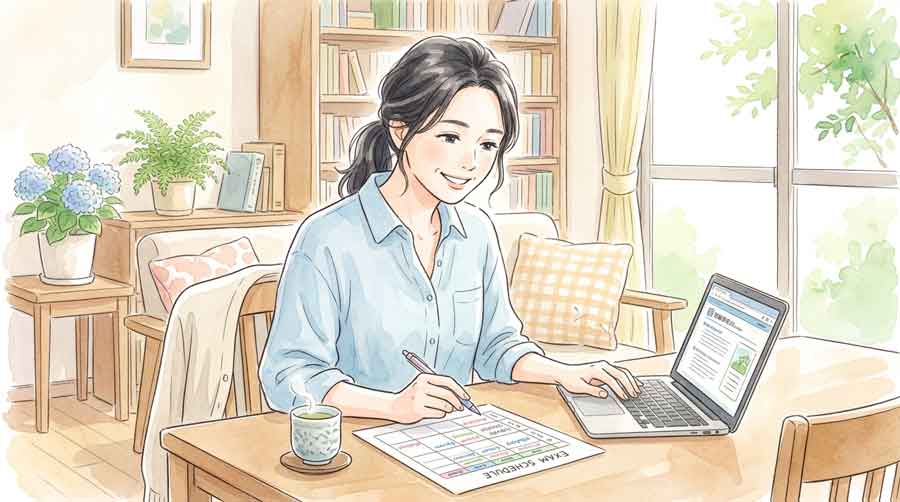 スマートフォンと手帳を使って受験スケジュールを確認する女性