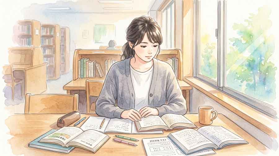 自習室で参考書を広げながら真剣に勉強する女性