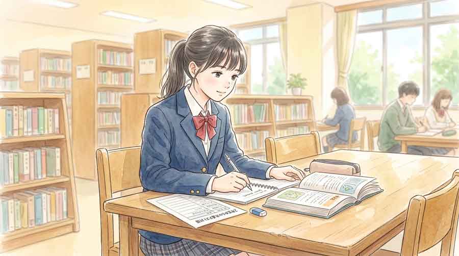 高校の図書室で教科書と向き合いながら計画を立てる女性