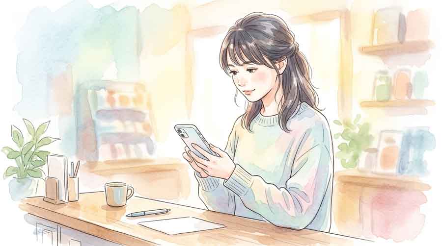 スマートフォンでオンライン出願の手続きをする女性