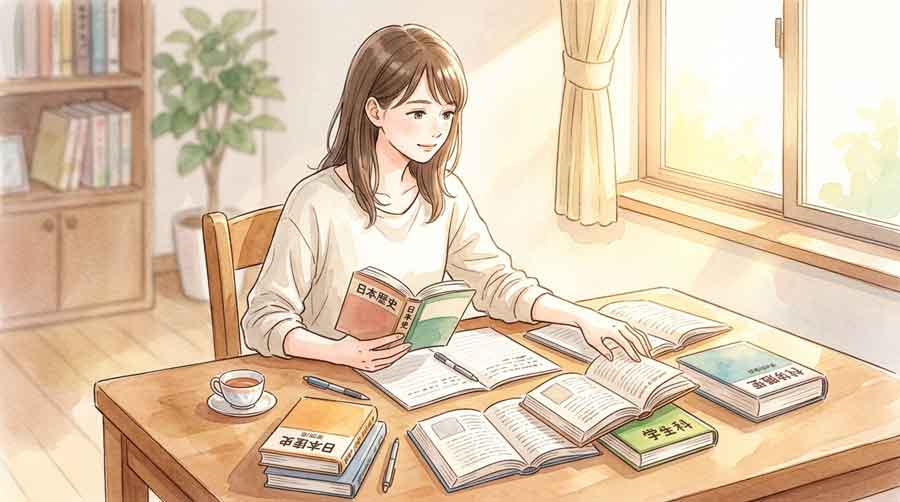 勉強机の上に広げられた共通テストの科目別参考書