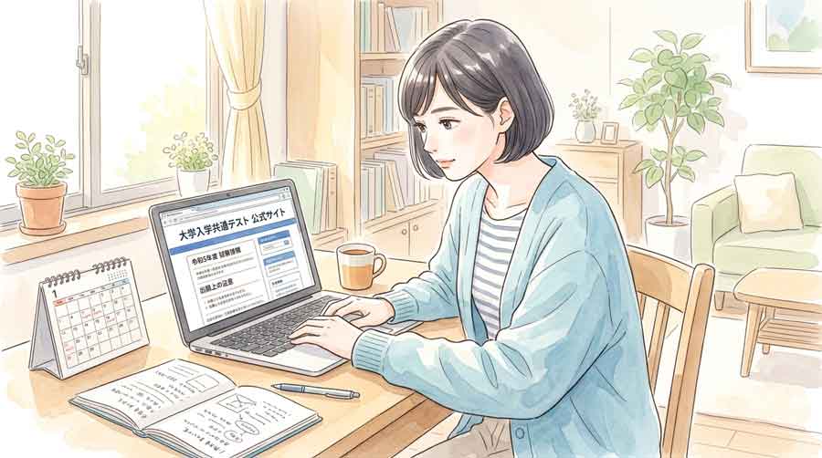 パソコンで大学入試センターの公式サイトを確認する女性