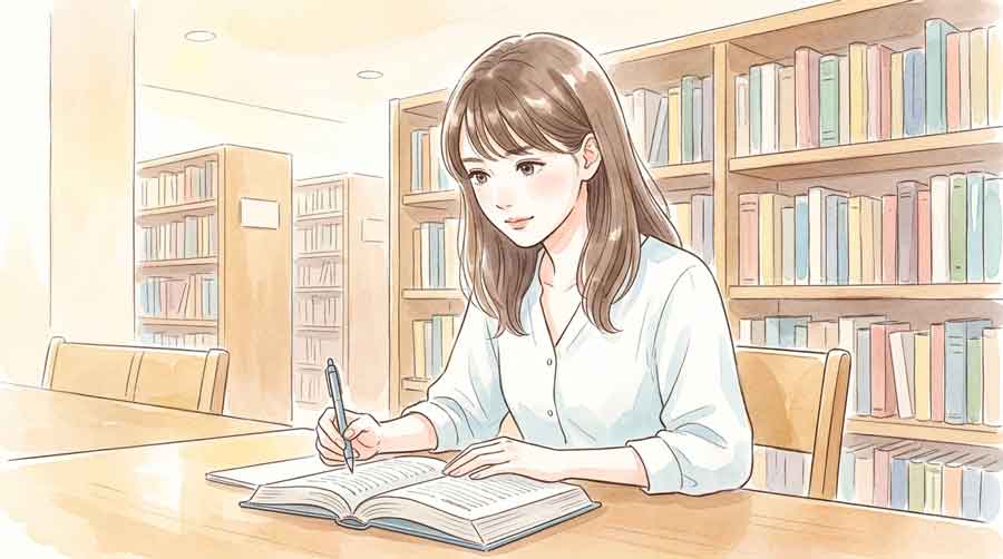 図書館で参考書を開いて集中している女性のイラス