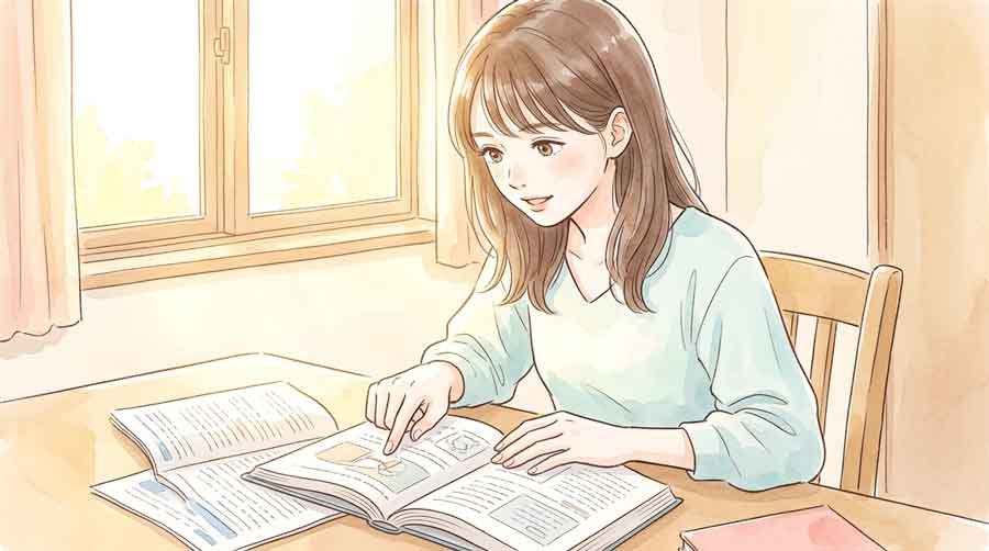 勉強ノートを広げて考え込んでいる若い女性のイラスト