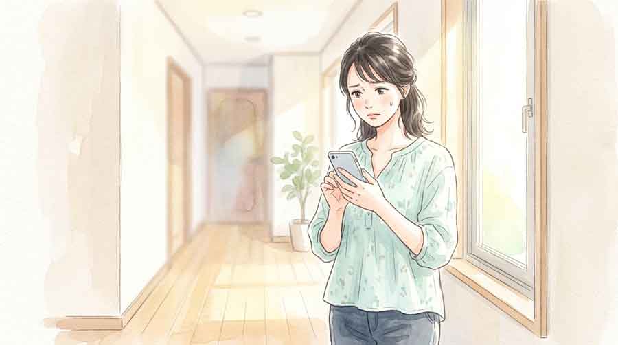 スマートフォンを見て困惑した表情の女性のイラスト