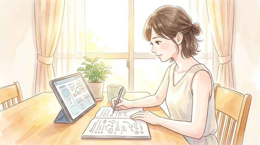 タブレットとノートを並べて勉強している女性のイラスト