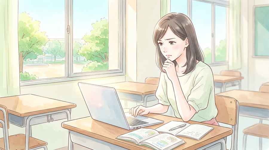 テキストと図解資料を広げて確認している女性のイラスト