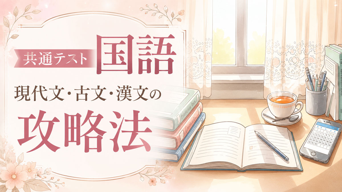 窓辺の受験生の机の上に参考書とハーブティーがのっている。受験生をイメージしたイラスト