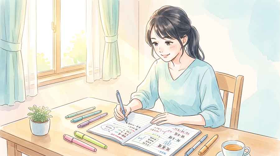 手帳に勉強スケジュールを書き込んでいる高校生の女性のイラスト