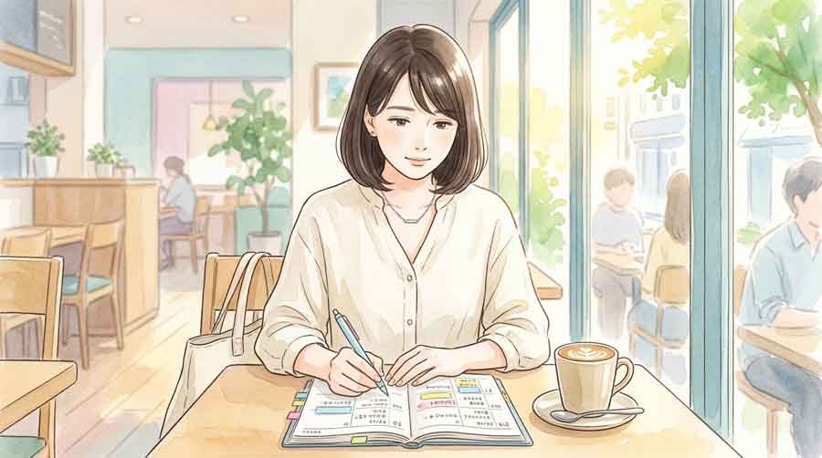 手帳に勉強スケジュールを書き込んでいる高校生の女性のイラスト