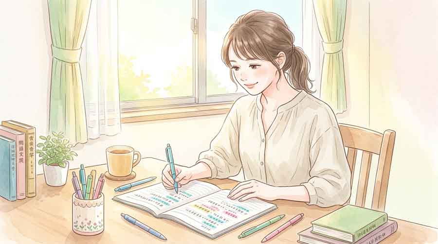 漢文の句法ノートを作りながら勉強している高校生の女性のイラスト