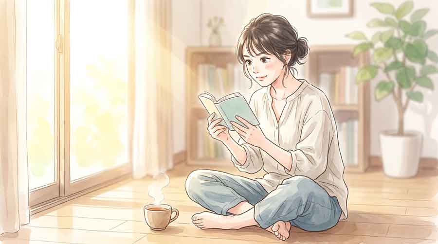  古文の単語帳を開いて暗記している女子高生のイラスト