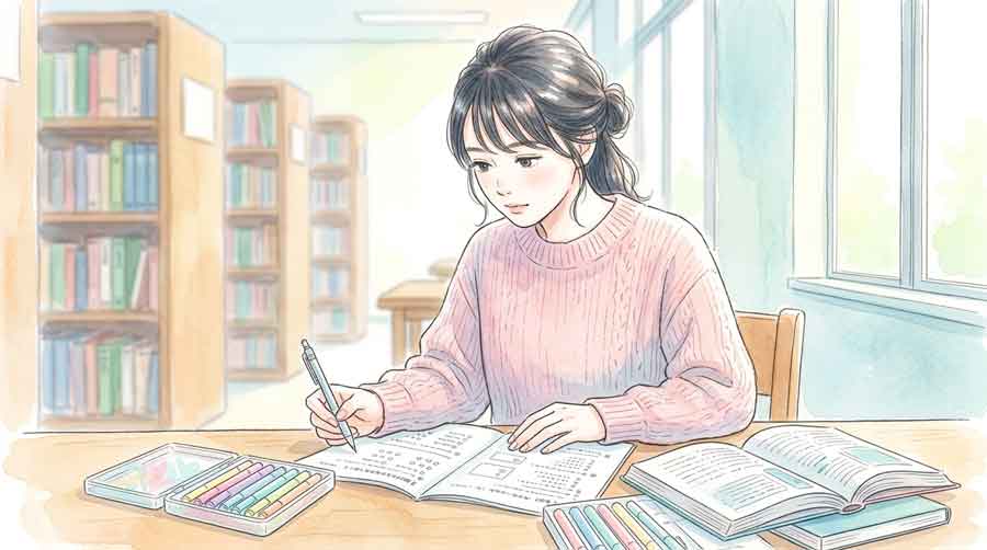 複数の文章資料を並べて比較しながら読解する女子高生のイラス