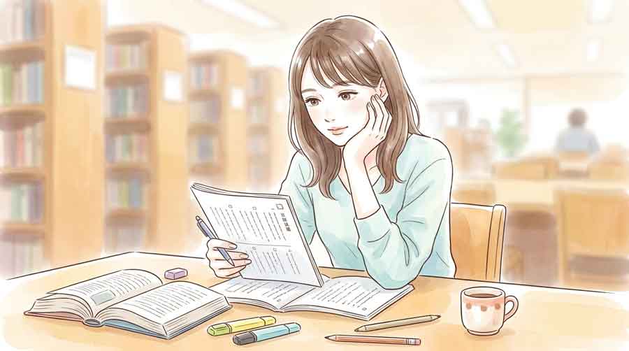 共通テスト国語の問題冊子を見て内容を確認している女性のイラスト