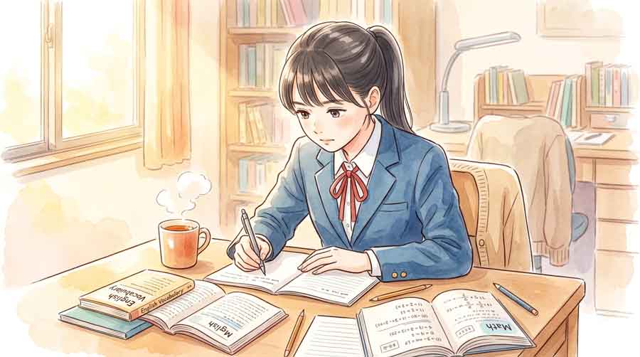 過去問を広げて時計を見ながら時間を計って演習している女子高生のイラスト