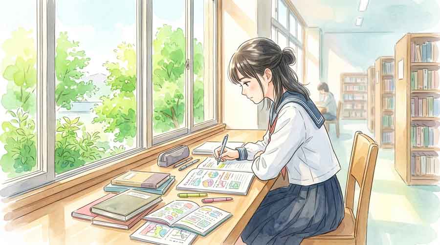 図書館の窓際でノートを広げて社会の勉強をしている高校3年生の女性のイラスト
