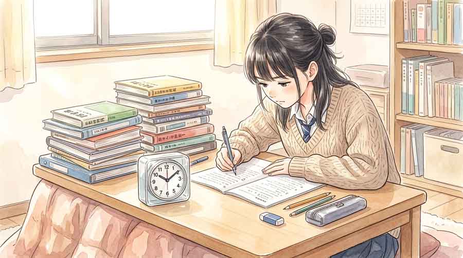 自室の机で英語の参考書を広げて勉強する高校2年生の女性のイラスト