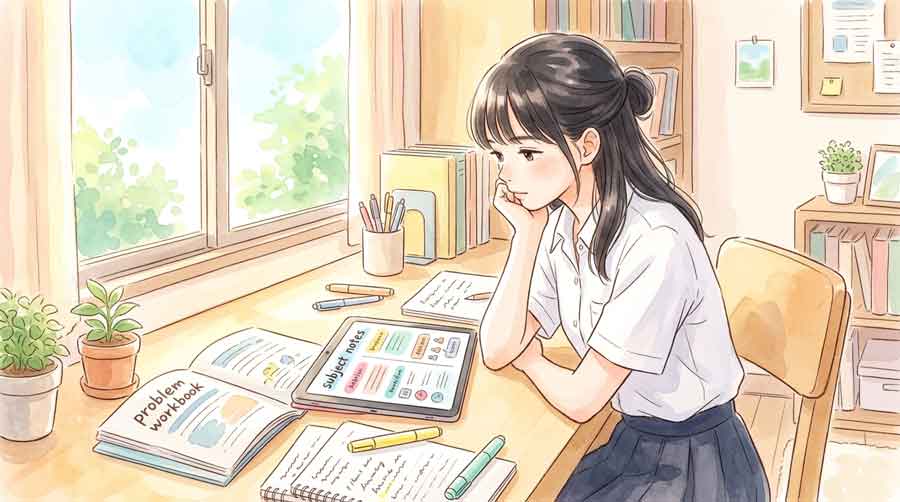 問題集とタブレットを使って科目ごとの対策を考えている高校生の女性のイラスト