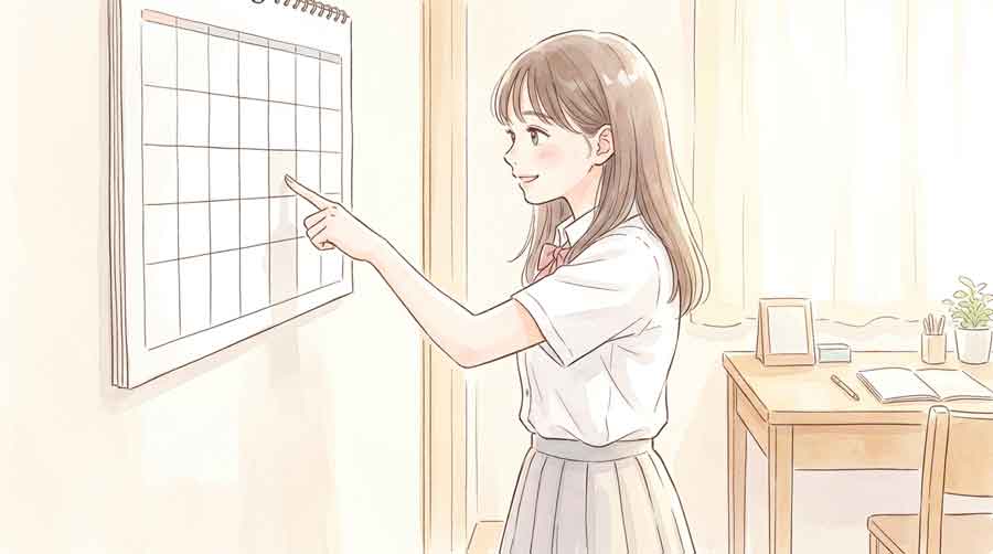 カレンダーを指差しながらスケジュールを確認する女子高生のイラスト