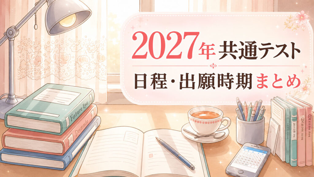 窓辺の受験生の机の上に参考書とハーブティーがのっている。受験生をイメージしたイラスト