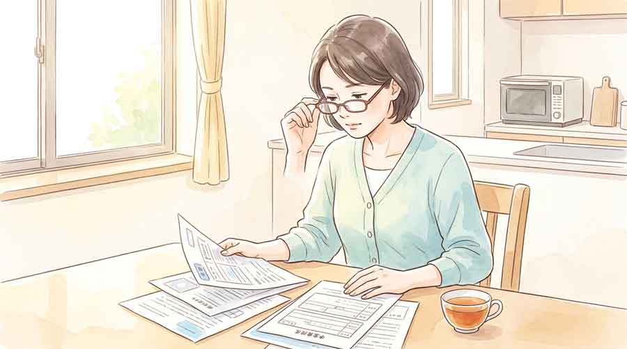  医師の診断書と申請書類を確認しながら手続きを調べる保護者