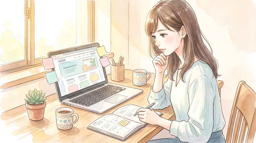 共通テストの科目一覧を参考書で確認しながらノートを取る女性