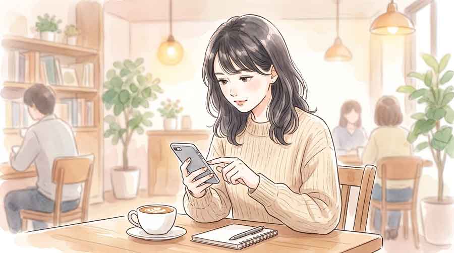 スマートフォンで共通テストのWebマイページ出願手続きを進める女性