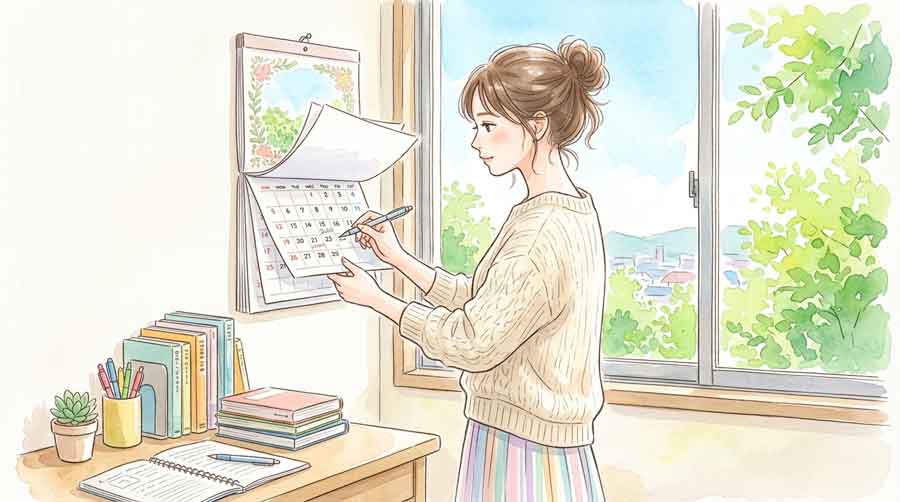 窓際の机でカレンダーを広げながら大学受験の日程を確認する女性