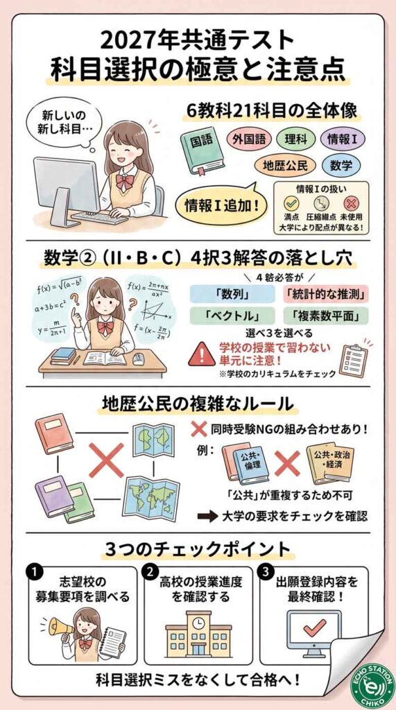 2027年共通テストの科目一覧｜情報I・数学・地歴公民の選び方と注意点インフォグラフ
