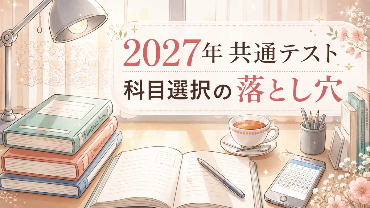 窓辺の受験生の机の上に参考書とハーブティーがのっている。受験生をイメージしたイラスト