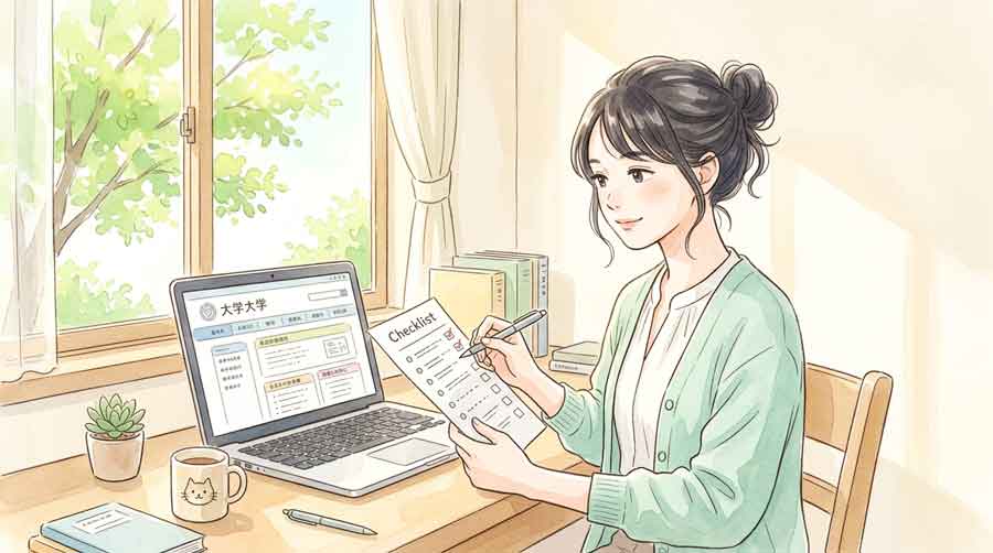 チェックリストを手に受験準備を確認する女性のイラスト