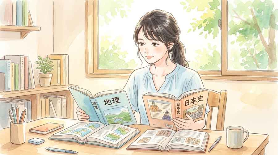 地理と日本史の教科書を並べて考える女性のイラスト