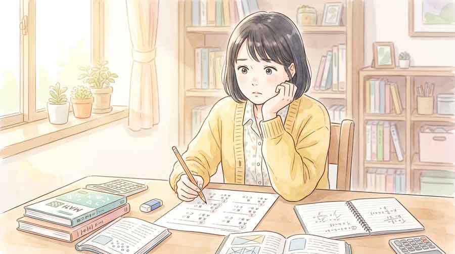 数学の問題を解きながら選択肢を前に悩む女性のイラスト