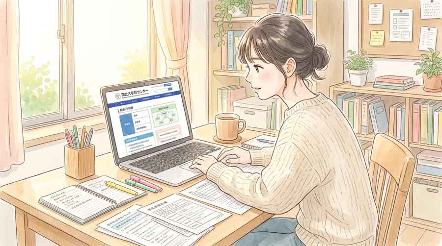 大学入試センターのWebサイトを見ながら共通テストの科目を確認する女性のイラスト