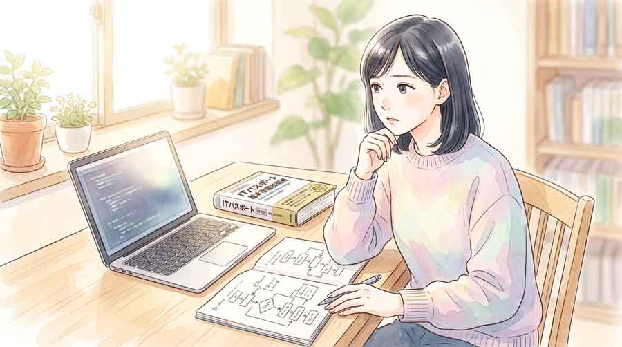 パソコンとプログラミング教材を前にして考える女性のイラスト