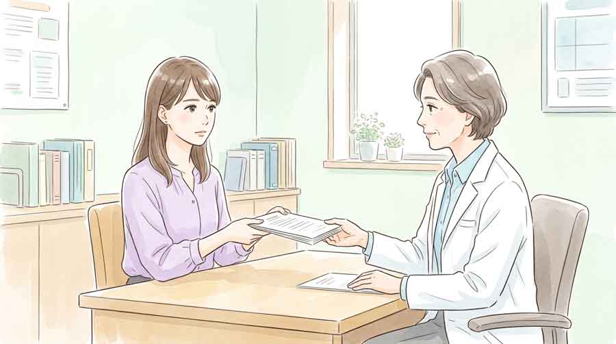 医師に診断書を依頼する面談シーンと書類を準備する女性のイラスト