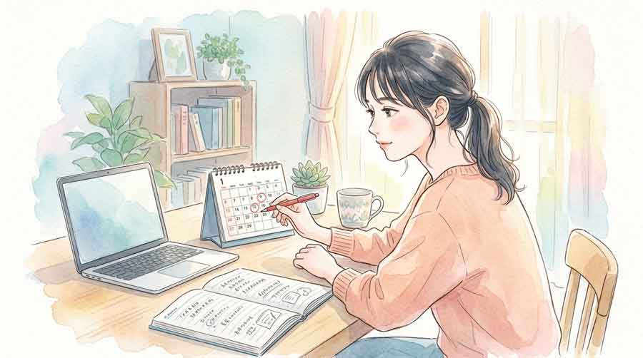 デスクカレンダーを見ながら出願スケジュールを確認する女性のイラスト