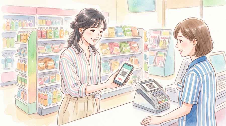 コンビニのレジでスマートフォンを使って検定料を支払う女性のイラスト