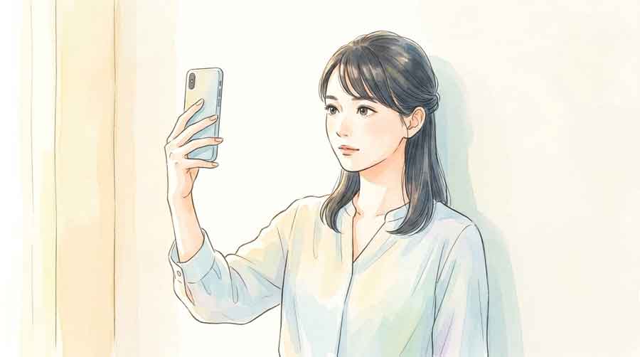 スマートフォンで自撮りして受験用顔写真を準備する女性のイラスト
