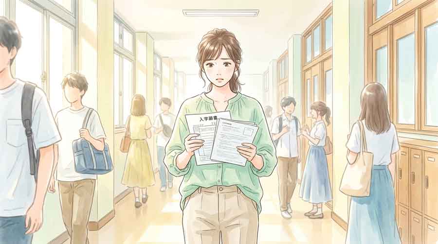大学入試の願書を手に持ち困った表情で考える受験生のイラスト