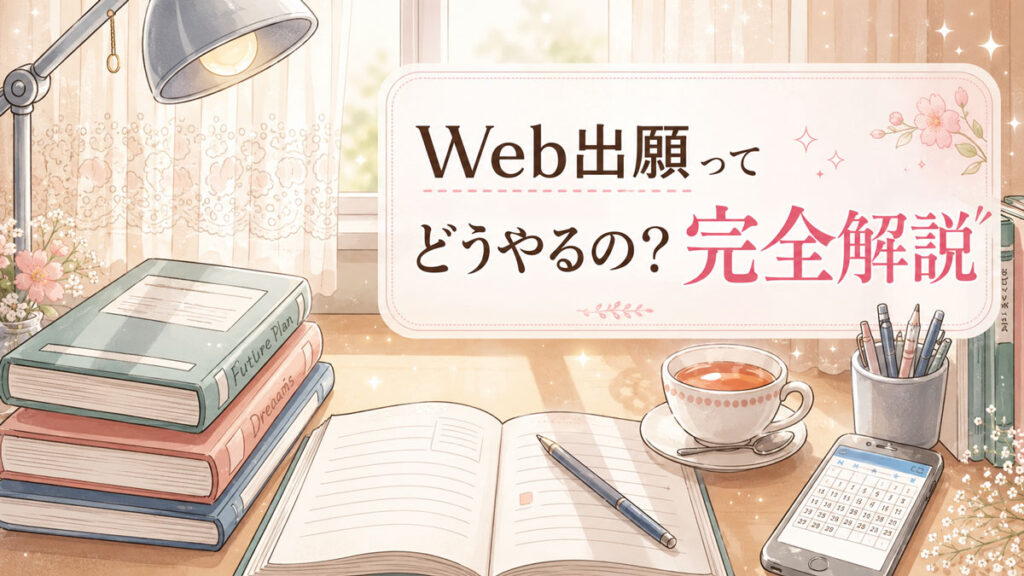 窓辺の受験生の机の上に参考書とハーブティーがのっている。受験生をイメージしたイラスト